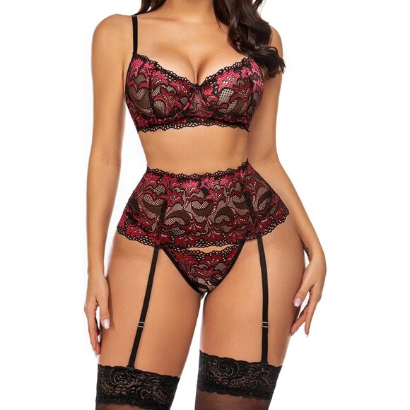 Women Dak Red Lingerie Set High Waisted Underwire Lingerie With Garter Belt Lace